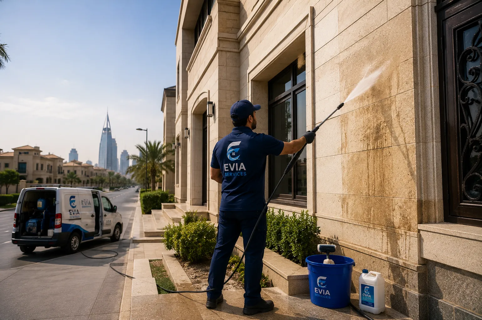 تنظيف واجهة حجرية وإعادة لمعانها ضمن خدمة تنظيف الواجهات من إيفيا