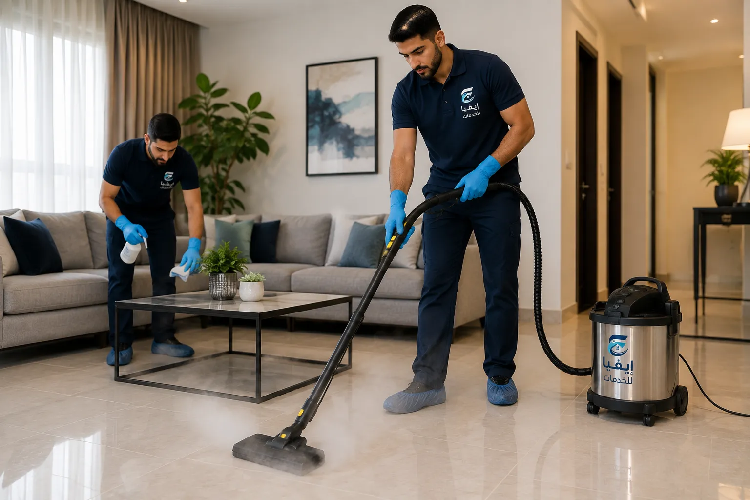 فريق شركة تنظيف منازل إيفيا يعقّم أرضيات المنزل بالبخار