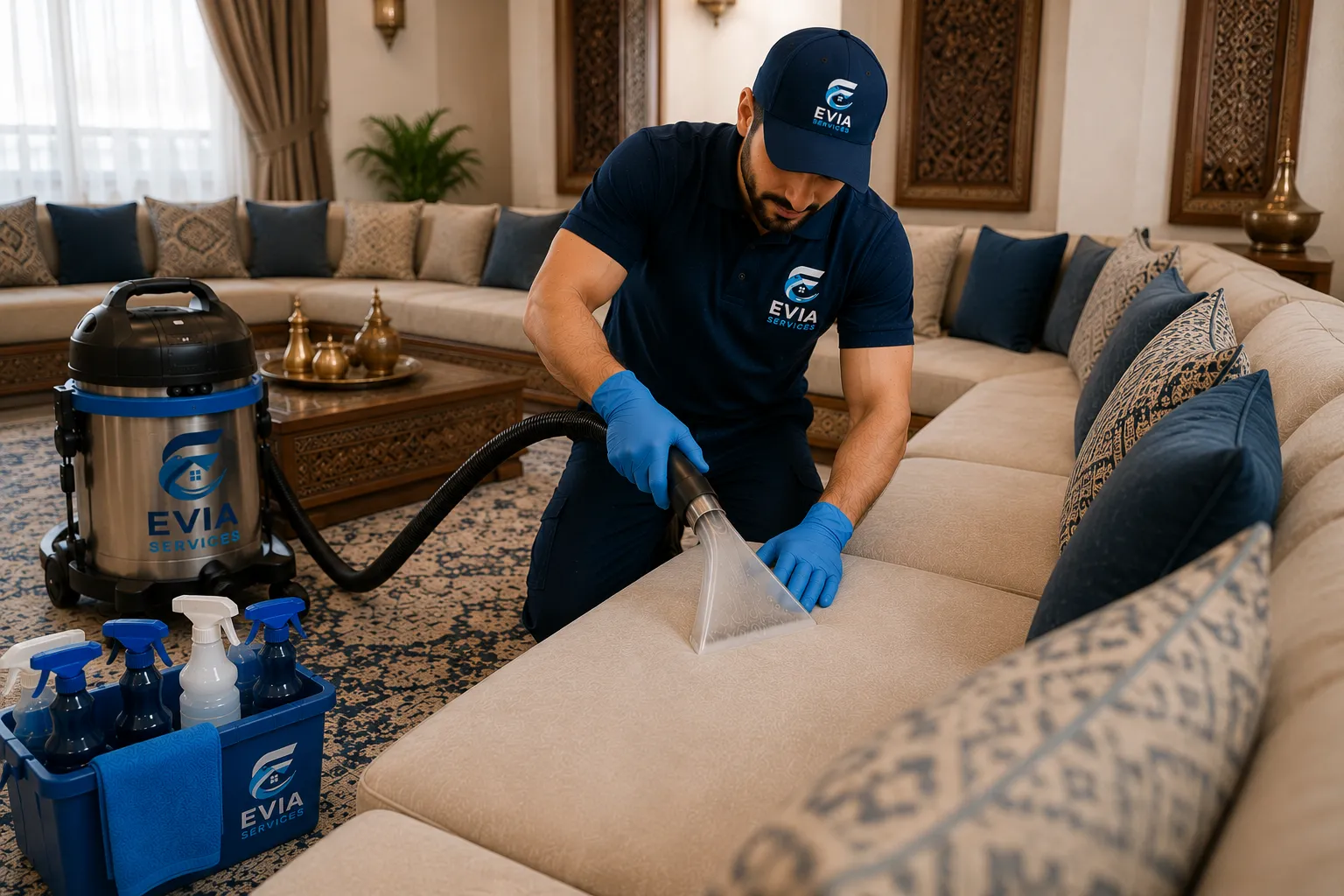 تنظيف مجلس أرضي بفرشاته ومخدّاته ضمن خدمة تنظيف المجالس من إيفيا