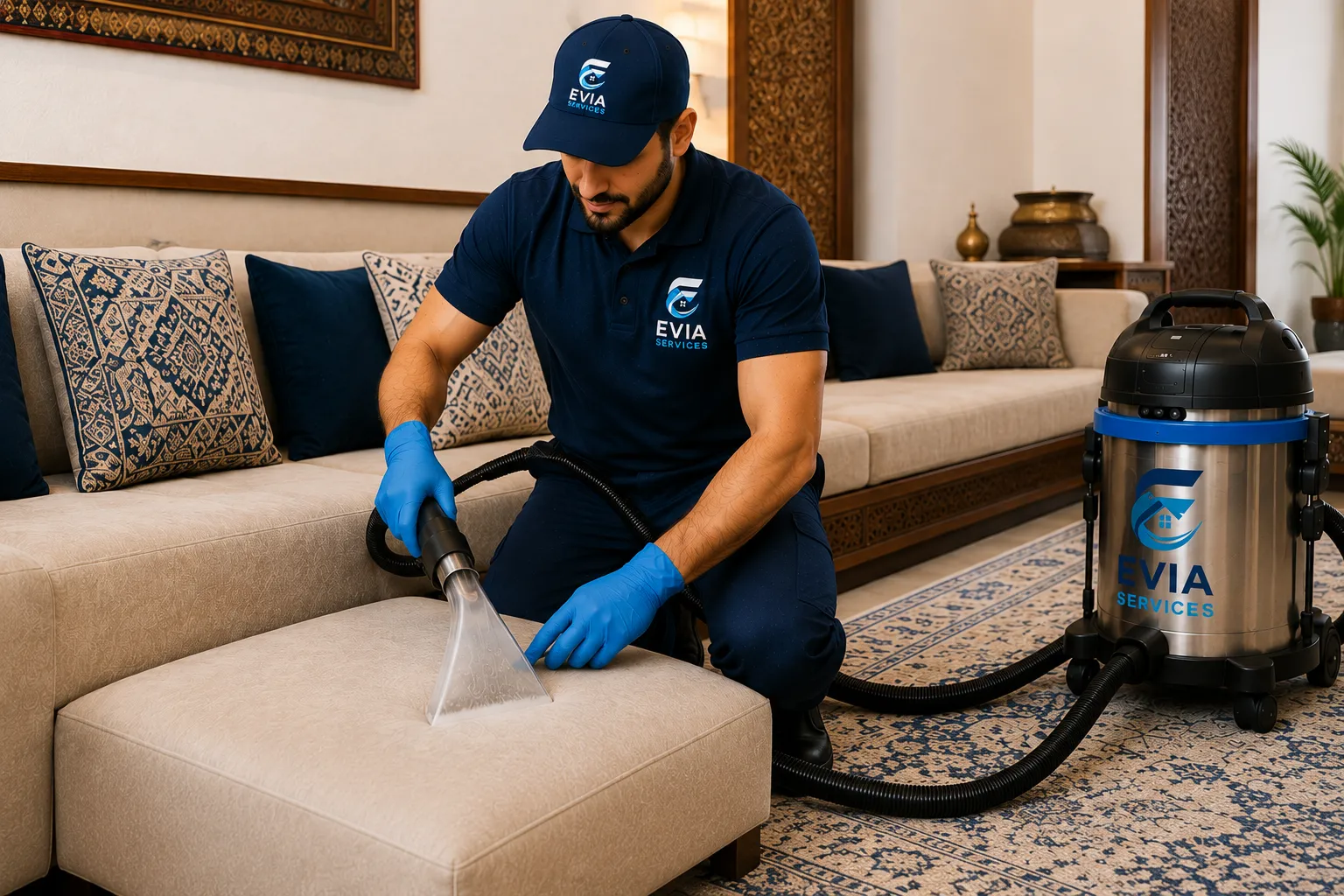 تنظيف فرشات ومساند المجلس بالبخار ضمن خدمة شركة تنظيف مجالس إيفيا